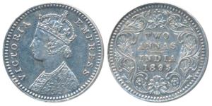 Victoria Empress, Silver 2 Annas, 1895, Calcutta Mint, B / II / C incuse (Prid 510). Extre