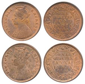 Victoria Empress, Copper ¼ Anna (2), Calcutta Mint, 1889 and 1901. Uncirculated. (2)