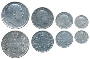Edward VII, set of 4, Silver Rupee, ½, ¼ & 2 Annas, 1905, Bombay Mint. Fine+ to Very Fine+