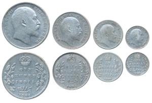 Edward VII, set of 4, Silver Rupee, ½, ¼ & 2 Annas, 1906, Bombay Mint. Fine to About Very 