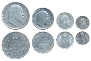 Edward VII, set of 4, Silver Rupee, ½, ¼ & 2 Annas, 1907, Bombay Mint. Fine+ to Very Fine+