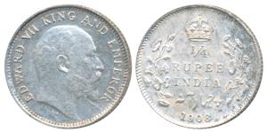 Edward VII, Silver ¼ Rupee, 1908, Calcutta Mint, (Prid 437). Extremely Fine.