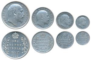 Edward VII, Silver Rupee, ½, ¼ & 2 Annas, 1908, Calcutta Mint. Fine+ to Very Fine+. (4)