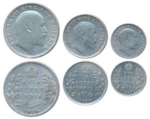 Edward VII, Silver ½ Rupee, ¼ &2 Annas, 1910, Calcutta Mint. Fine to Very Fine. (3)
