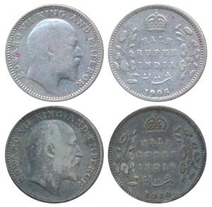 Edward VII, Silver ½ Rupee (2), 1906 and 1910, Calcutta Mint. Fine+ and Very Fine+. (2)