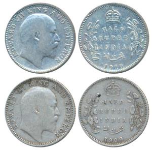Edward VII, Silver ½ Rupee (2), 1909 and 1910, Calcutta Mint. Fine+. (2)