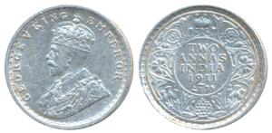 George V, Silver 2 Annas, 1911, Calcutta Mint, (KM 564). Very Fine+, Rare.