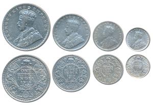 George V, set of 4, Silver Rupee, ½, ¼ & 2 Annas, 1916, Bombay Mint. Fine to Uncirculated.