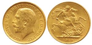 George V, Gold Sovereign, 8g, Bombay Mint, 1918, ’I’ mint mark for India on rev. (KM 525A)