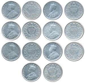 George V, Silver ¼ Rupee (7), 1925, 1926, 1928, 1929, 1930, 1934, and 1936, Bombay and Cal