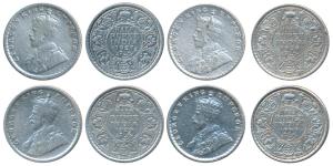 George V, Silver ½ Rupee (4), 1927, 1928, 1929 and 1930, Bombay and Calcutta Mint. About V