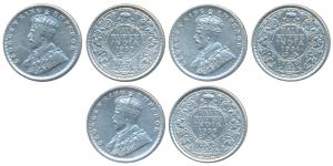 George V, Silver ½ Rupee (3), 1933, 1934, and 1936, Calcutta Mint. Very Fine. (3)
