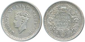 George VI, Half Silver Rupee, 1945, Bombay Mint, D / Ia / dot, Large and Open 5 in Date, U