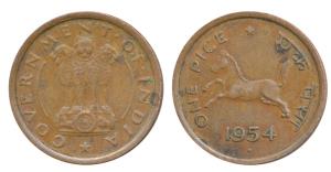 Copper Pice, Hyderabad Mint, 1954 split diamond as mint mark. Extremely Fine.