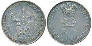 Half Silver Rupees 50, 1975,Food and Work For All. Uncirculated.