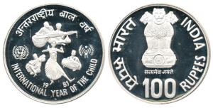 Silver Rupees 100, 1981, International Year of the Child, Bombay Mint. Proof, in plastic c