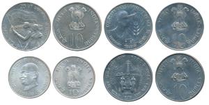 Silver Rupees 10 (2), 1969 Gandhiji Birth Centennial; 1972 25th Anniversary Indian Indepen