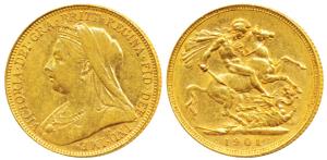 Australia, Victoria Queen, Gold Sovereign, 8g, 1901, Veiled head, ’M’ mint mark for Melbou