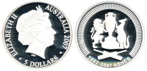 Australia, 125 years of the Ashes series between England and Australia, Silver $5, 36.3g, 
