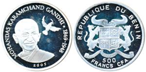 Benin, Silver 500 Francs, 7g, Mahatma Gandhi, 2005. Proof, in plastic case of issue, Rare.