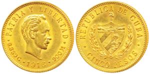 Cuba, Joss Marti, Gold 5 Pesos, 8.35g, 1916 (KM 19). Extremely Fine, Rare.