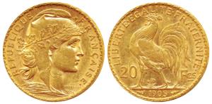 France, Gold 20 Francs, 6.5g, 1905, Liberty on obv. rooster divides value on rev. (KM 857)