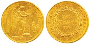 France, Gold 100 Francs, 32.25g, 1909, obv. standing winged Genius writing the constitutio