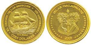 Galapagos Islands, Gold 100 Dolares, 8.55g, shield on obv., ship on rev., 2009. Uncirculat