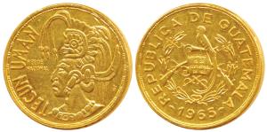Republic of Guatemala, Gold 5 Quetzales, 8.35g, obv. national arms, rev. Quetzal atop engr