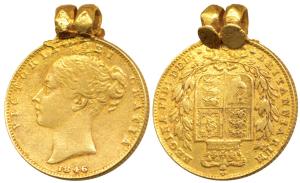 Great Britain, Victoria, Gold Sovereign, 9.19g, 1846, shield on rev. Ex-mount, Very Fine+.