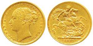 Great Britain, Victoria, Gold Sovereign, 8g, 1872, Young head, St. George slaying a dragon