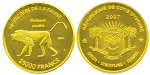 Ivory Coast, Gold 25,000 Francs, 8.48g, Wildlife Protection series, Olive baboon on rev., 
