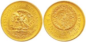 Mexico, Gold Veinte or 20 Pesos, 16.66g, 1921, eagle holding a snake in its beak (KM 478).