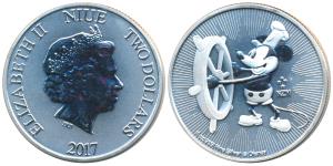 Niue, Elizabeth II, Silver $2, 31.29g, 2017 rev. an iconic image of Mickey Mouse the Walt 