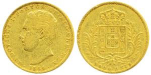 Portugal, Luiz I, Gold 2000 Reis, 3.52g, 1865, obv. head facing left, rev. crowned arms wi