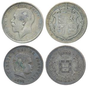 Portugal, Carlos I, Silver 500 Reis, 1895; Great Britain, George V, Silver ½ Crown 1916. (