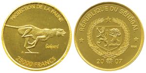 Senegal, Gold 25,000 Francs, 8.18g, 2007, Wildlife Protection Series, Cheetah sprinting to