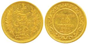 Tunisia French Protectorate, Ali Bey, Gold 10 Francs, 3.23g, AH 1308, 1891 AD (KM 226). Ab