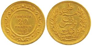 Tunisia French Protectorate, Ali Bey, Gold 20 Francs, 6.4g, 1892, AH 1310 (KM 227). Extrem