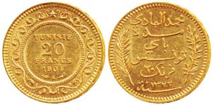 Tunisia French Protectorate, Muhammad al-Hadi Bey, Gold 20 Francs, 6.4g, 1904, AH 1322 (KM