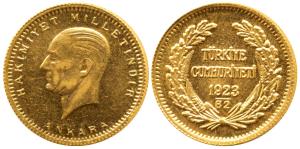 Turkey, Gold 100 Piasters, 7.14g, Ankara, 1923, .917 fine (KM 102). Extremely Fine.