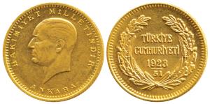 Turkey, Gold 100 Piasters, 7.18g, Ankara, 1923, .917 Fine (KM 102). Extremely Fine.