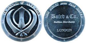 Sikh, Khalsa, Silver 1 Ounce, 31.1g, obv. Khanda Symbol of the Khalsa and inscribed Ik Onk