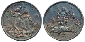 Tripura, Silver Medal, 5.40g, Radha and Krishna on obv., rev: Godess kali dancing on Siva.