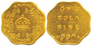 Bombay Mint, Token, Gold Tola, 11.65g, H M Mint, crown within wreath and Bombay below on o