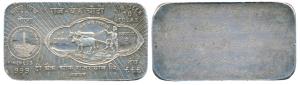 The Bank of Rajasthan, Jaipur, Silver Bar, 10 Tolas, 116.5g, obv. a farmer tilling his lan