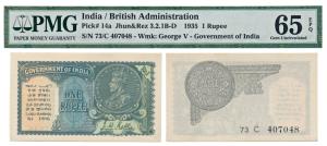 George V, Rupee 1, 2nd issue, 1935, signed J. W. Kelly, Prefix C (J&R 3.2.1C). Graded by P