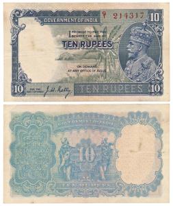 George V, Rupees 10, 3rd Issue, 1933, signed J. W. Kelly (J&R 3.8.2). Very Fine+, Rare.