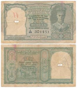 George VI, Rupees 5, 2nd issue, 1944, signed C. D. Deshmukh (J&R 4.4.1). About Very Fine.