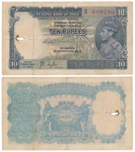 George VI, Rupees 10, 1st issue, 1938, signed J. B. Taylor (J&R 4.5.1). Fine+.